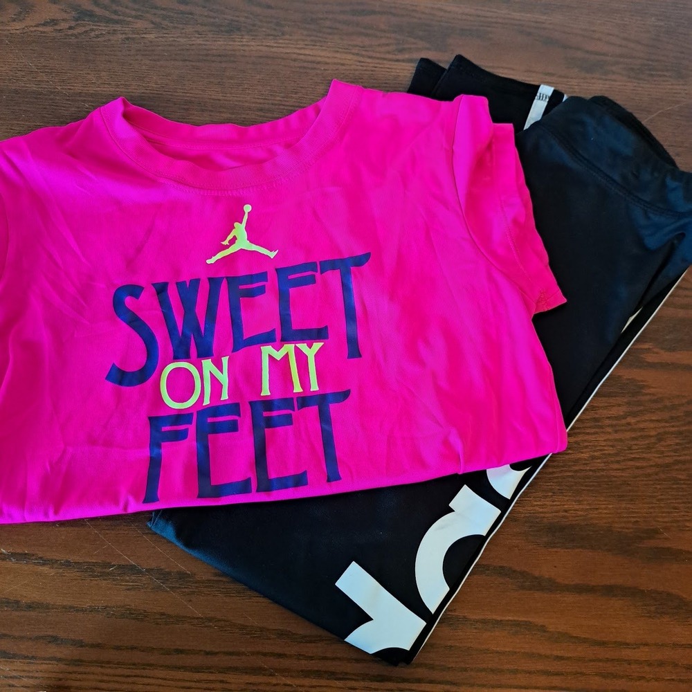 Jordan Pink Dri-FIT Tee & Adidas Black Logo Leggings Set Girls XL 16‎ 13-15Y